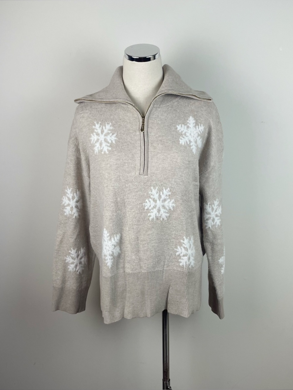 Rachel Zoe Tan Cream White Snowflake Turtleneck Sweater Women Medium Knit